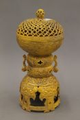 A Chinese yellow ground porcelain censer. 28.5 cm high.