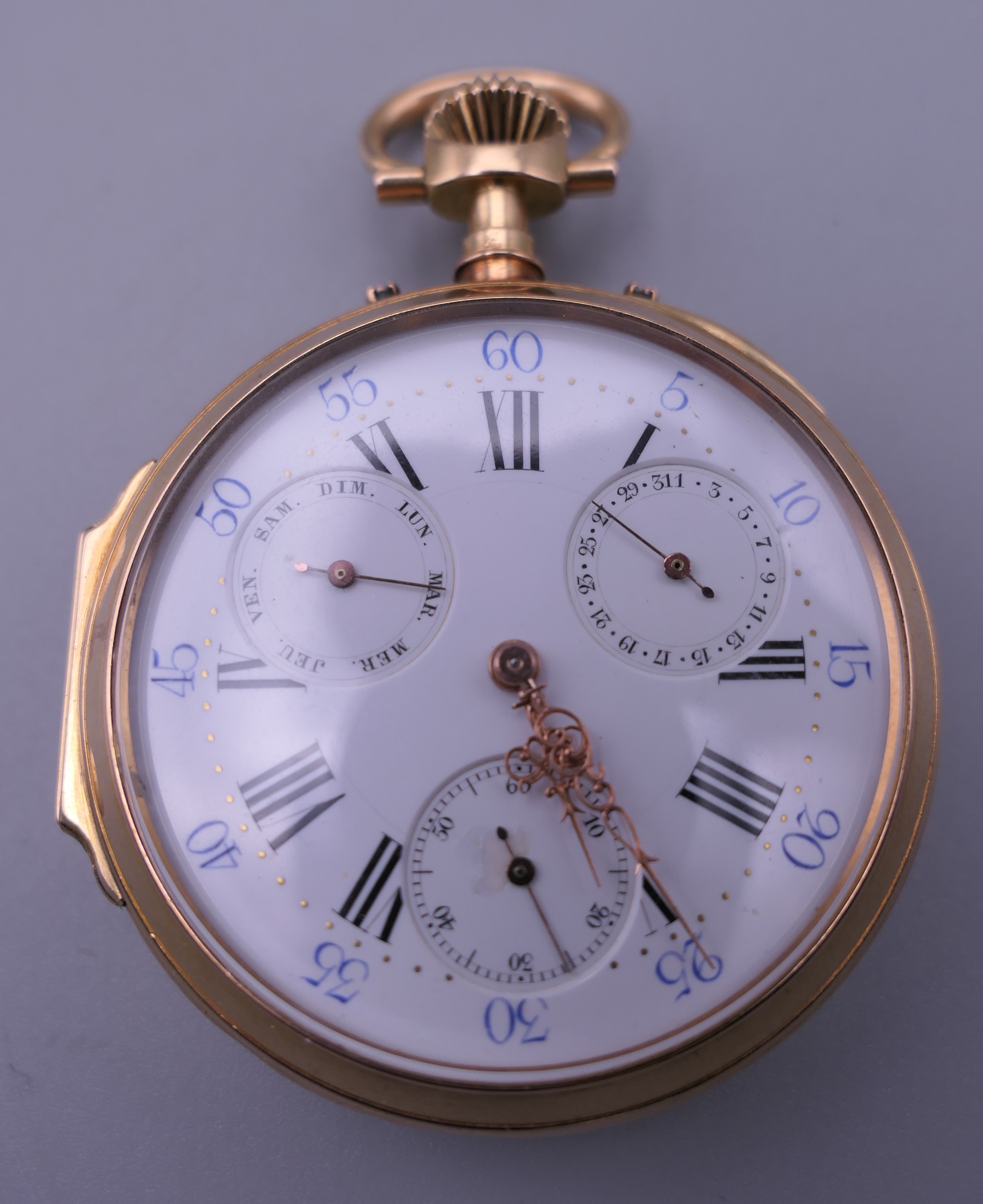 A 19th century French 18 K gold cased multi-dial pocket watch,