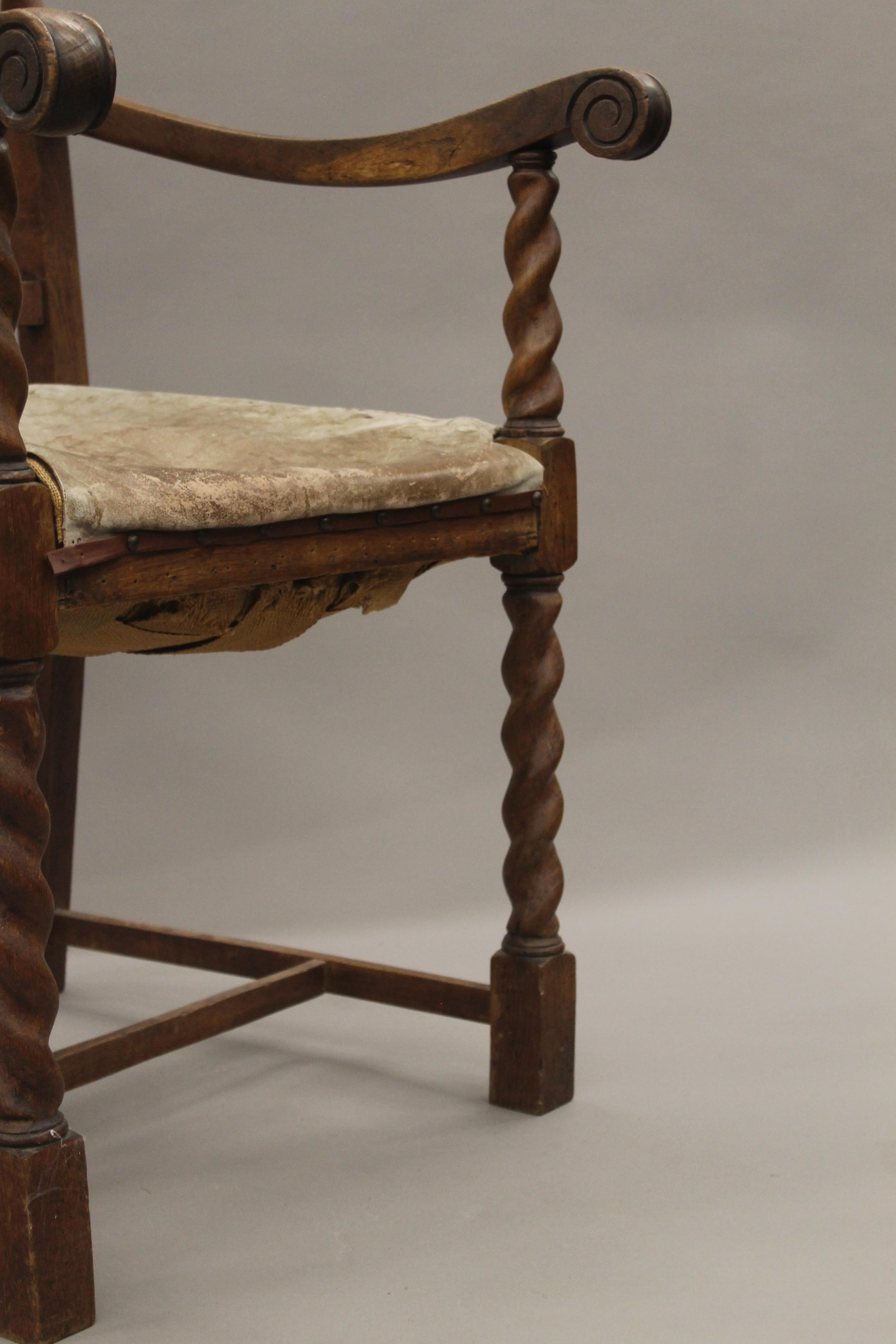 A pair of early 20th century oak barley twist open armchairs. 56 cm wide. - Image 5 of 6