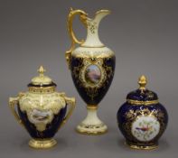 Three Coalport painted porcelain vases. The largest 18 cm high.