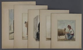 Five 19th century watercolours, depicting Monks and Country Folk, unframed. The largest 10.