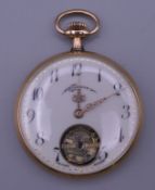 An 18 ct gold half hunter pocket watch. 4.75 cm diameter. 48.4 grammes total weight.