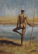 An African Figure, possibly a Somali or Ethiopian tribesman, oil on canvas, indistinctly signed,