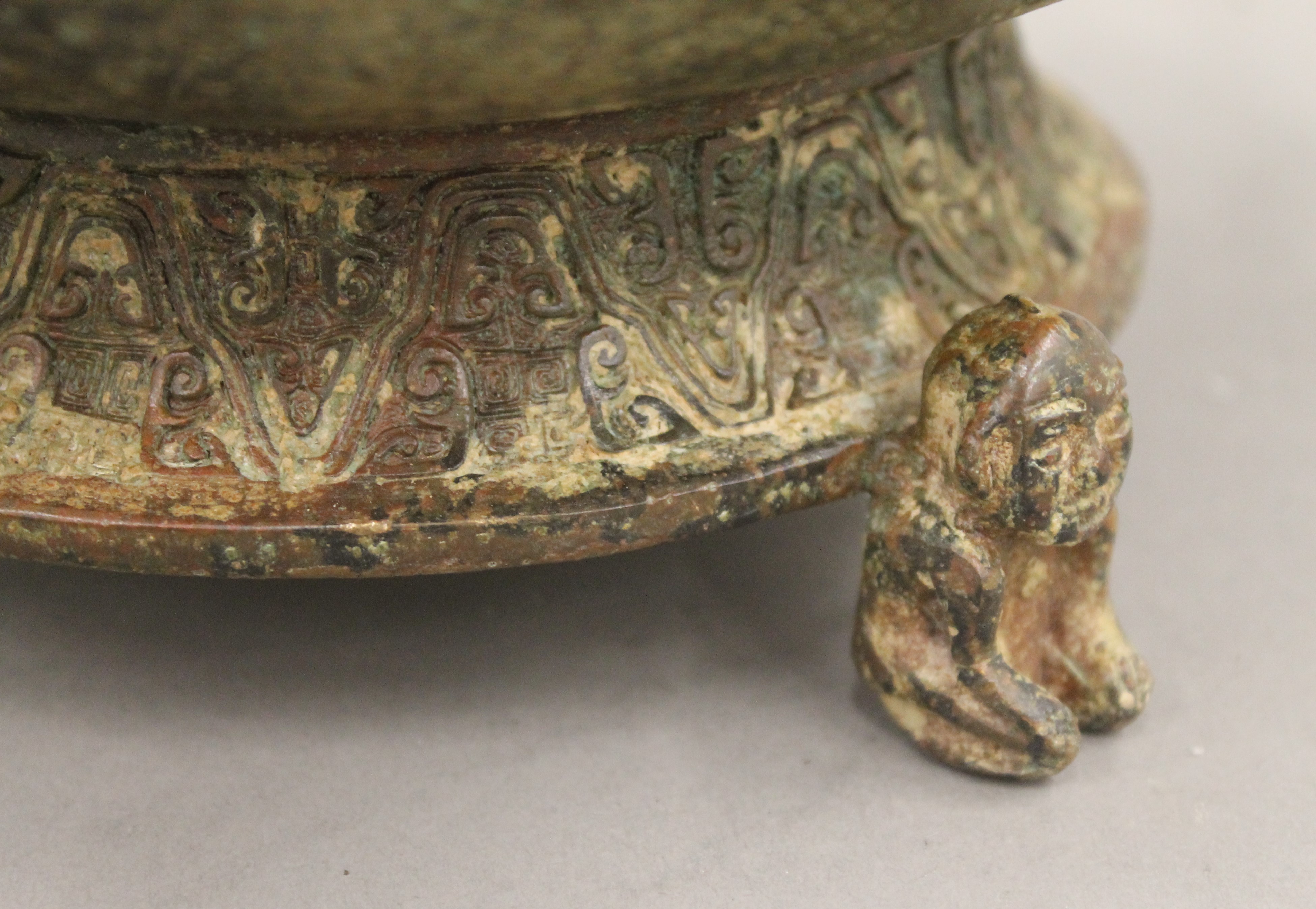 A Chinese archaist style bronze censer. 24 cm wide. - Image 4 of 5