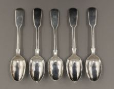 Five Fiddle pattern teaspoons by London makers George Maudsley Jackson, 1885.