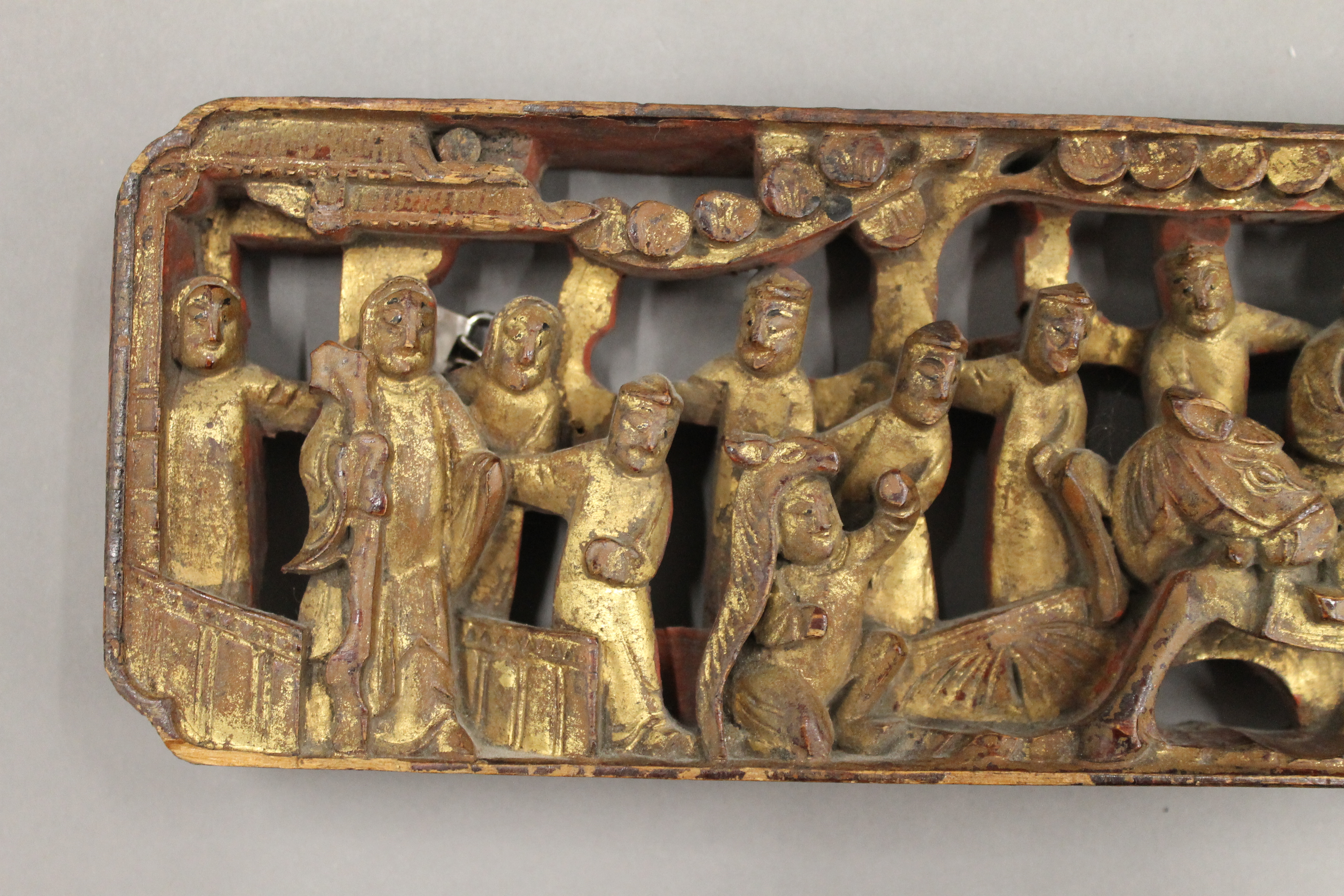 A Chinese gilt heightened carved wooden rectangular plaque. 34 cm long. - Image 3 of 5