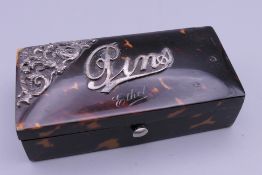 A Victorian silver mounted tortoiseshell pin box inscribed ''Ethel''. 8 cm wide.