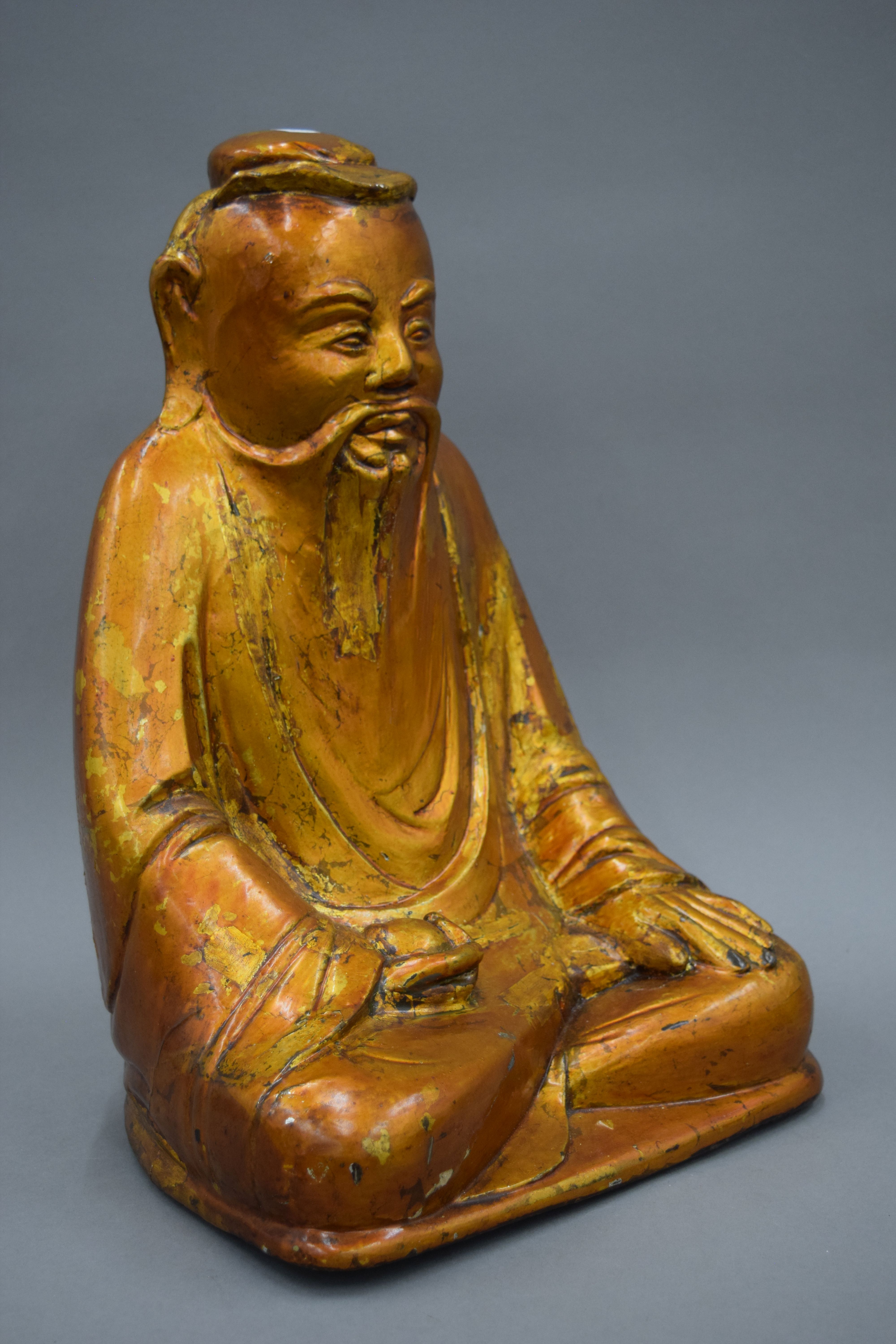 A large 19th century Oriental lacquered carved wooden model of Buddha. 40 cm high. - Image 3 of 5