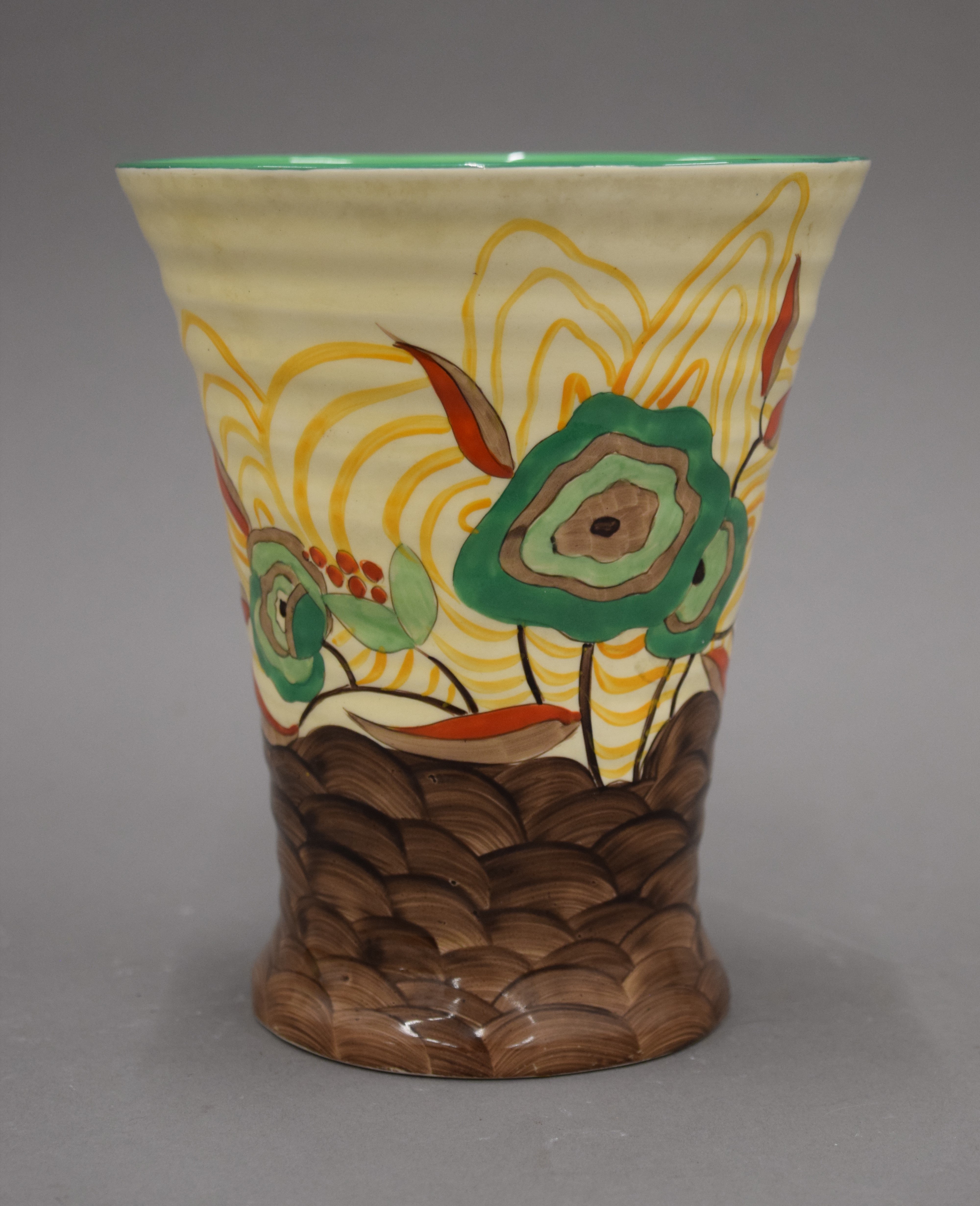 A Clarice Cliff Bizarre ribbed vase. 17 cm high. - Image 2 of 4