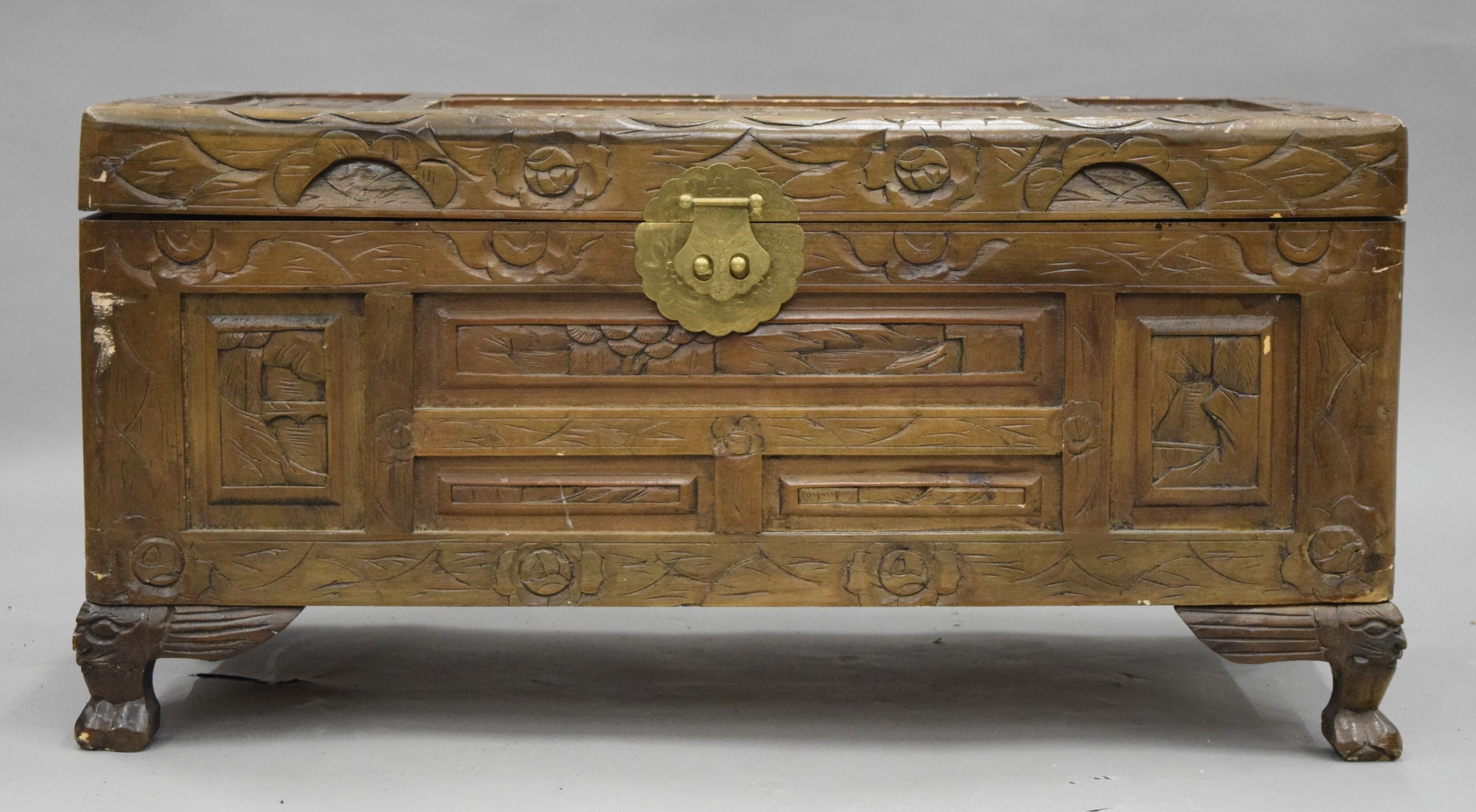 An Eastern carved camphor wood trunk. 68.5 cm wide. - Image 2 of 7