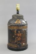 A toleware tea tin lamp. 42 cm high overall.