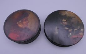 Two 18th/19th century papier mache snuff boxes. The largest 9.5 cm diameter.