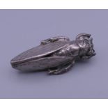 An unmarked white metal brooch formed as a Cicada. 3.5 cm long.