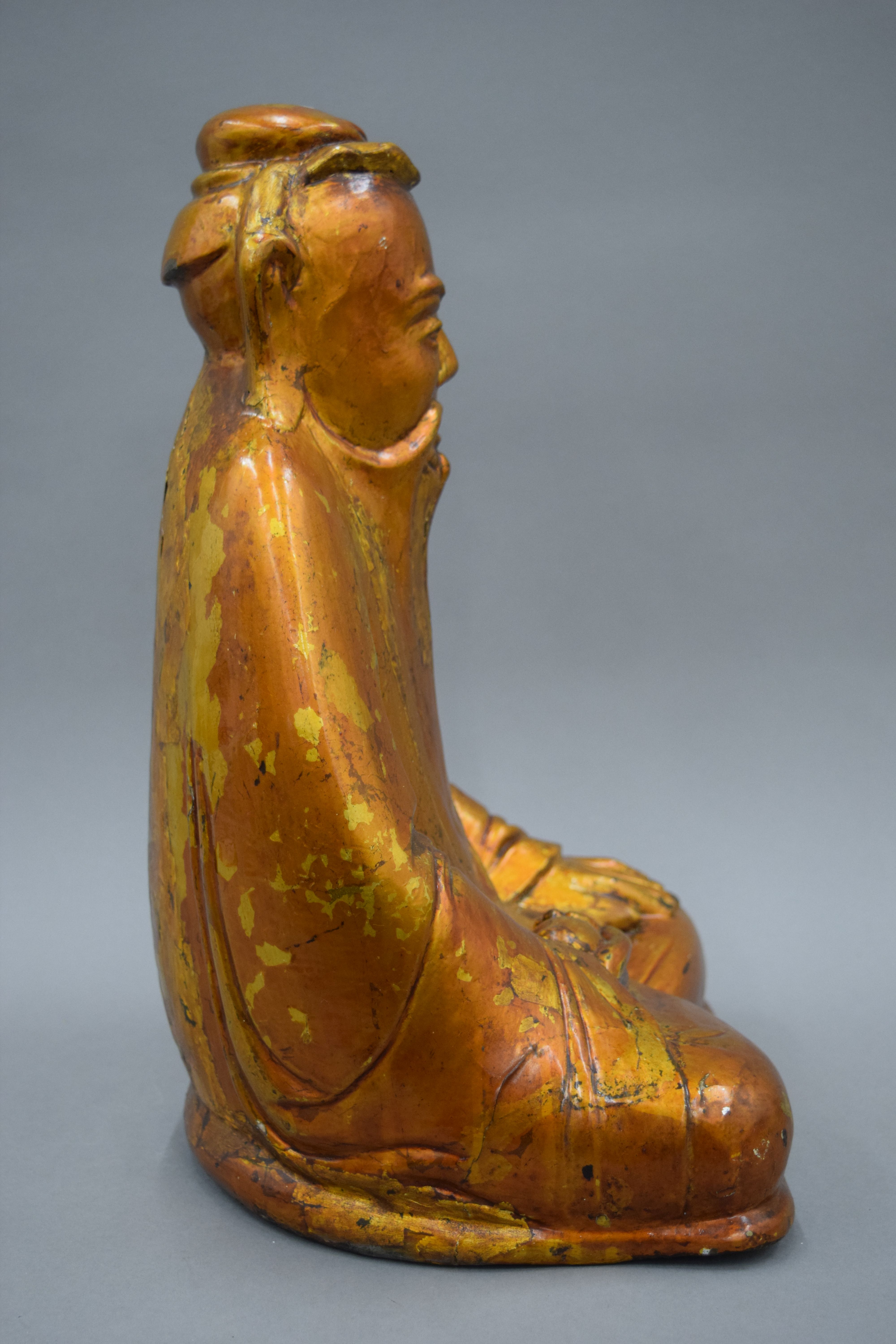 A large 19th century Oriental lacquered carved wooden model of Buddha. 40 cm high. - Image 4 of 5