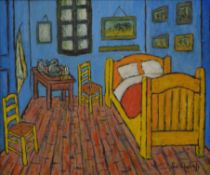 After VAN GOGH, oil on board, Blue Bedroom, indistinctly signed, framed. 33.5 x 28 cm.