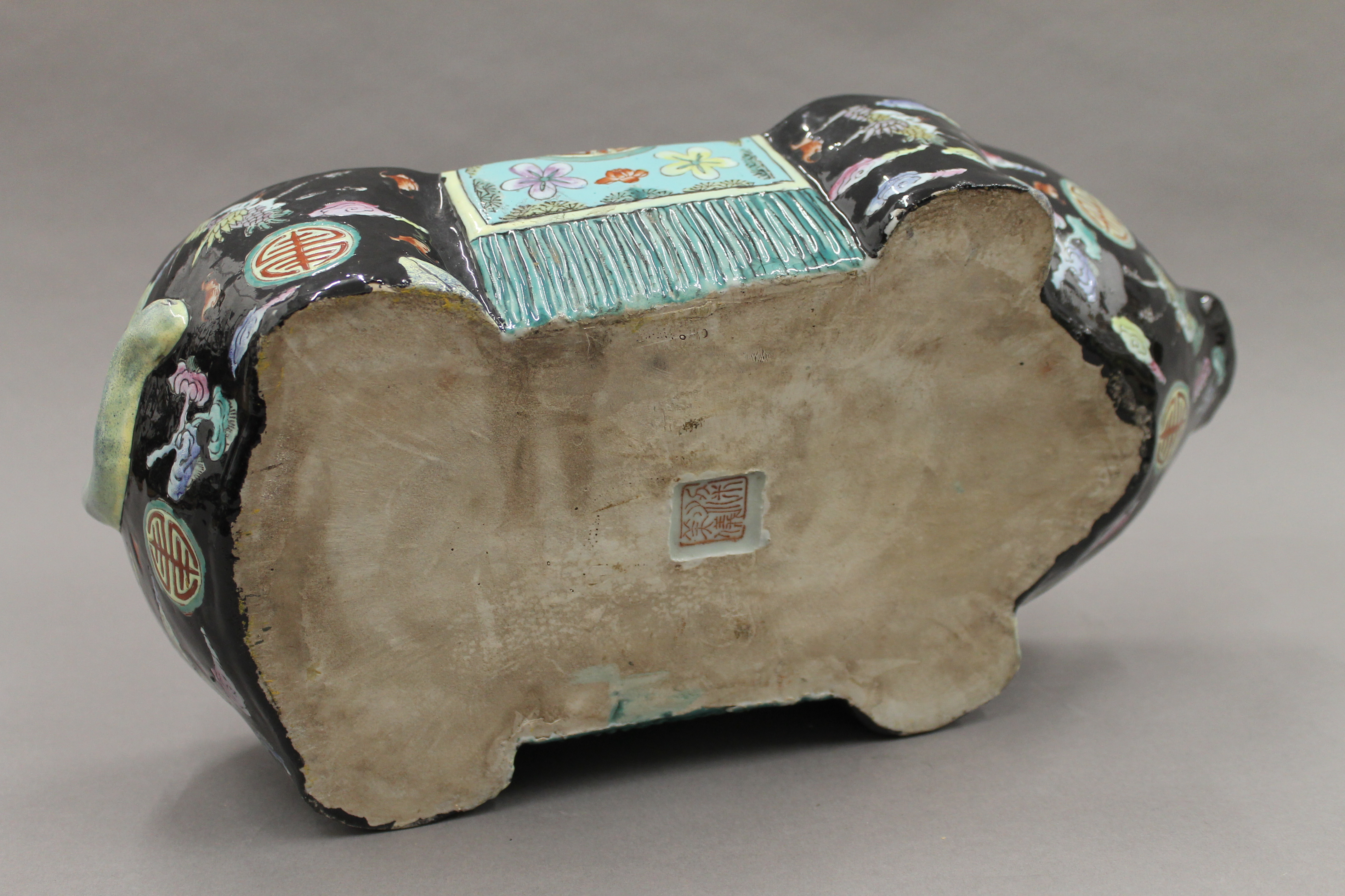 A Chinese famille noir porcelain lidded box formed as a pig. 37 cm long. - Image 3 of 4