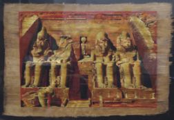 A gilt framed papyrus picture, depicting Abu Simbel. 112.5 x 83 cm.