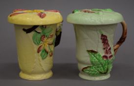 Two Carltonware porcelain chocolate cups with lids. 11 cm high.