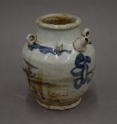 A small Chinese Ming blue and white porcelain spouted wine pot. 13.5 cm high.