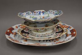 A Masons Ironstone meat plate, a Masons twin handled dish and two Masons tazzas.