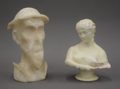 An early 20th century alabaster bust modelled as Don Quixote together with a 19th century plaster