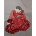 M EMMET, Silhouette of a Lady in a Red and White Dress, watercolour, signed, framed and glazed.