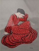 M EMMET, Silhouette of a Lady in a Red and White Dress, watercolour, signed, framed and glazed.