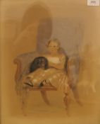 ENGLISH SCHOOL (19TH CENTURY), A Girl and a Spaniel in an Armchair, heightened watercolour,