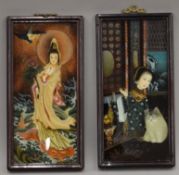 A pair of Chinese reverse painted glass portrait paintings, framed. 30 cm high.