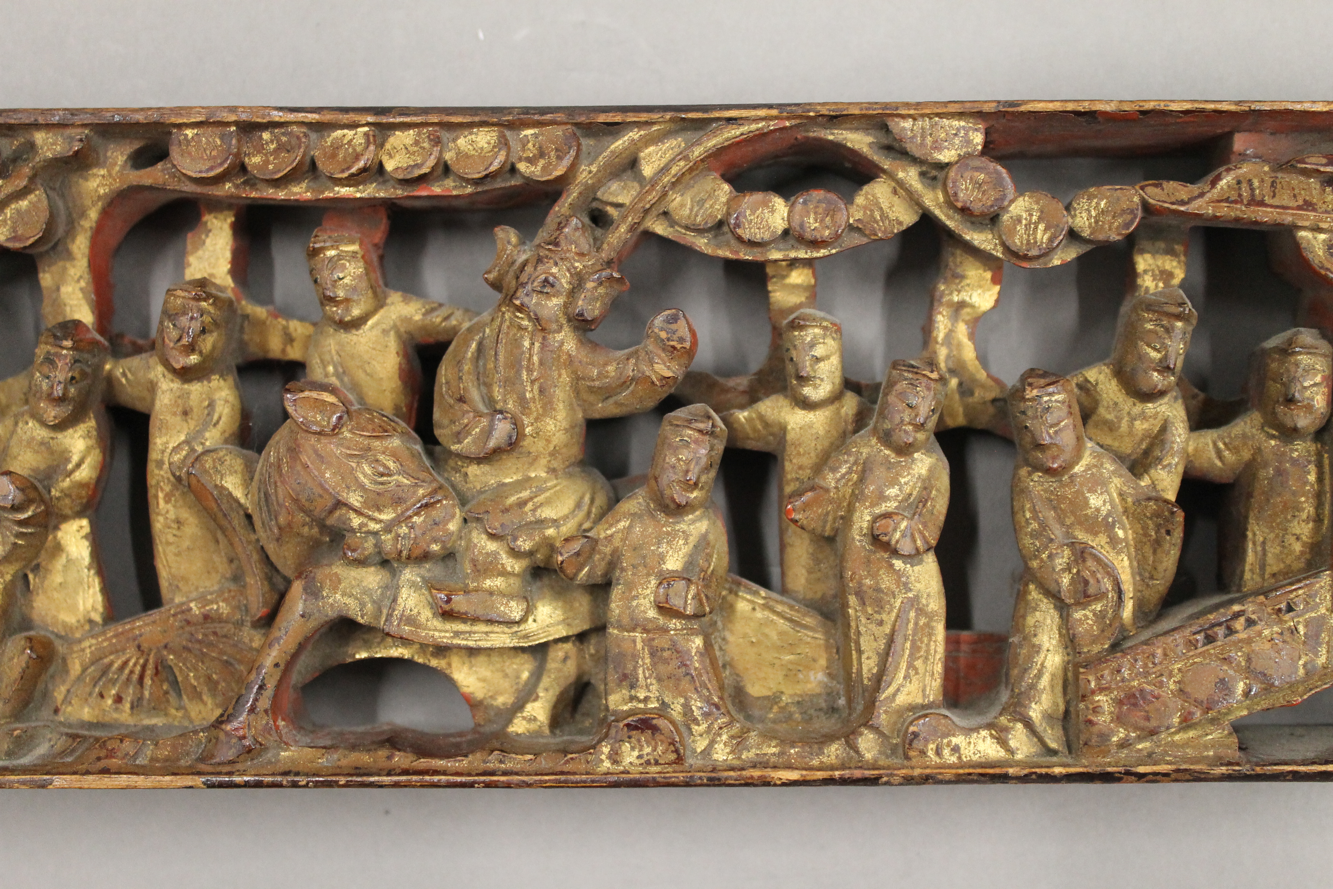 A Chinese gilt heightened carved wooden rectangular plaque. 34 cm long. - Image 4 of 5