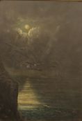 19th CENTURY, Ducks on the Sea at Moonlight, oil on board, framed. 23 x 33.5 cm.