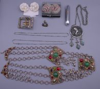 Two pairs of 1930's earrings, a 1960's necklace, two pearl and silver necklaces, etc.
