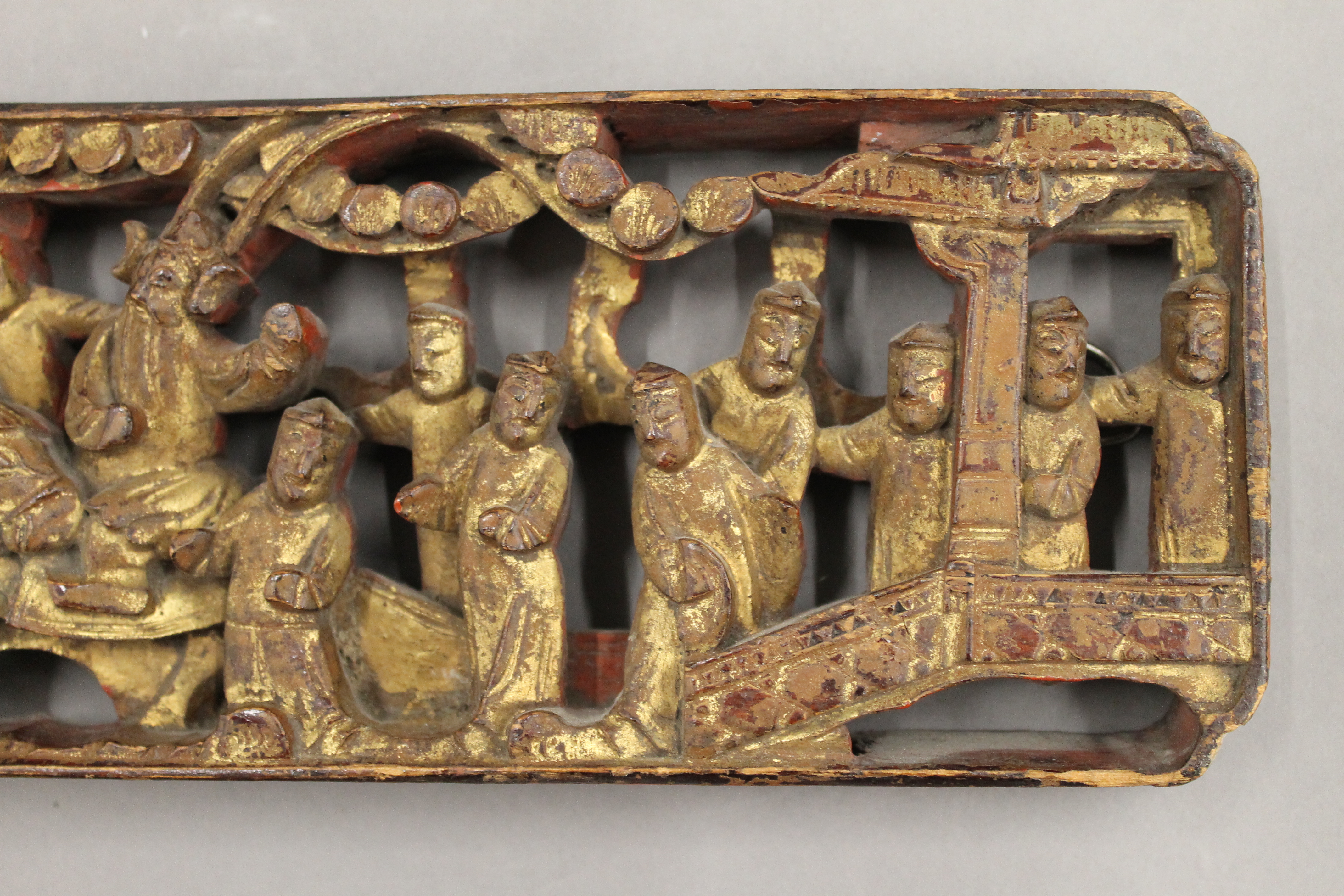 A Chinese gilt heightened carved wooden rectangular plaque. 34 cm long. - Image 5 of 5