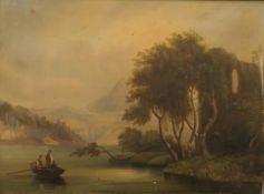 CONTINENTAL SCHOOL (19th CENTURY), Figures on a Lake Before Ruins and a Mountain, oil on canvas,