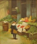 Outside the Greengrocer's, oil on canvas, framed. 49.5 x 60 cm.