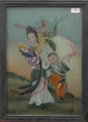 A Chinese reverse glass painting with woman and child carrying a peach, framed. 39.5 x 54.5 cm.