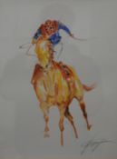 JACQUIE JONES (20th/21st century) British, Chestnut Horse with Jockey Up, watercolour, signed,