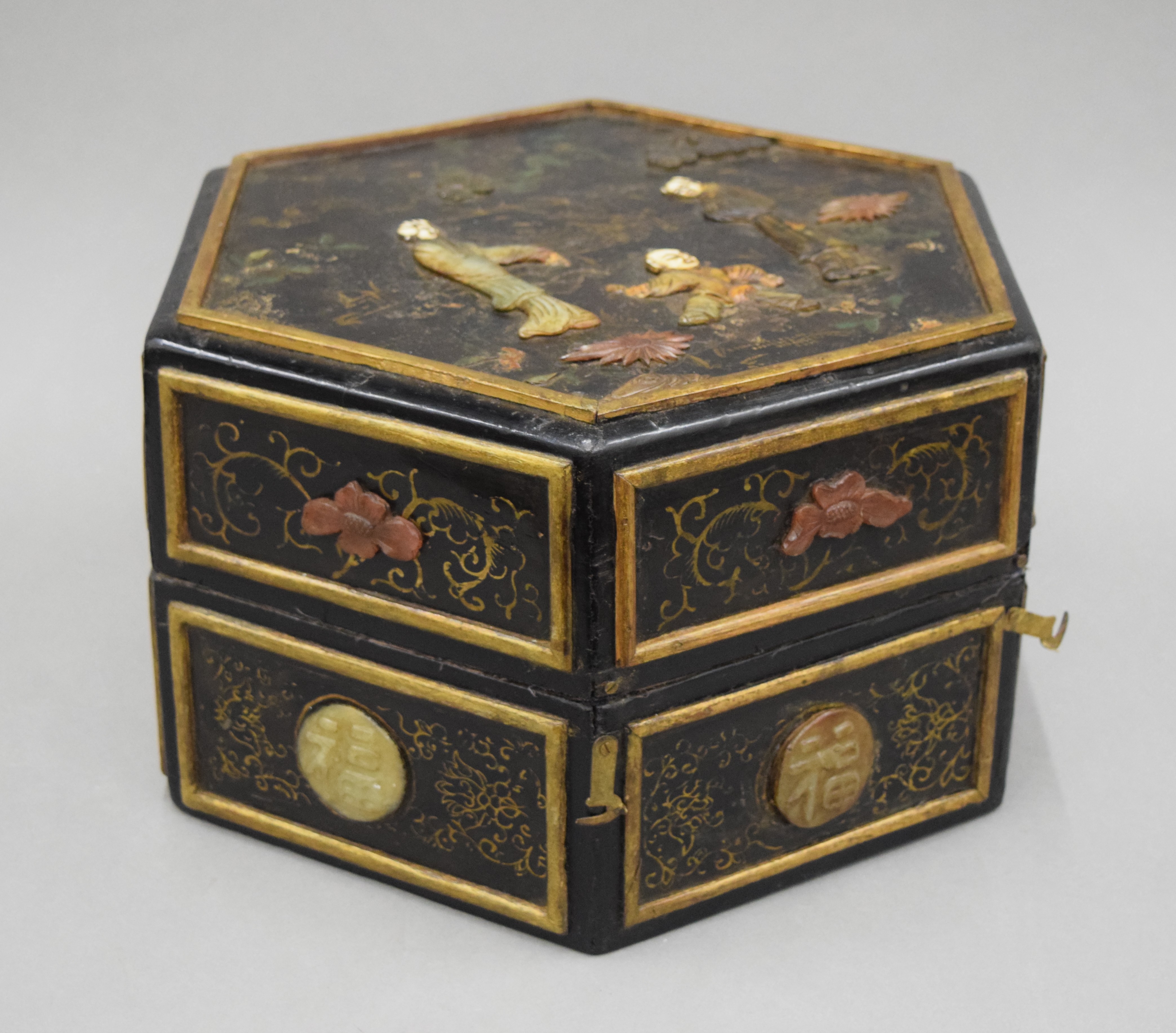 A Chinese hexagonal hardstone mounted and lacquered box. 32 cm wide. - Image 4 of 5