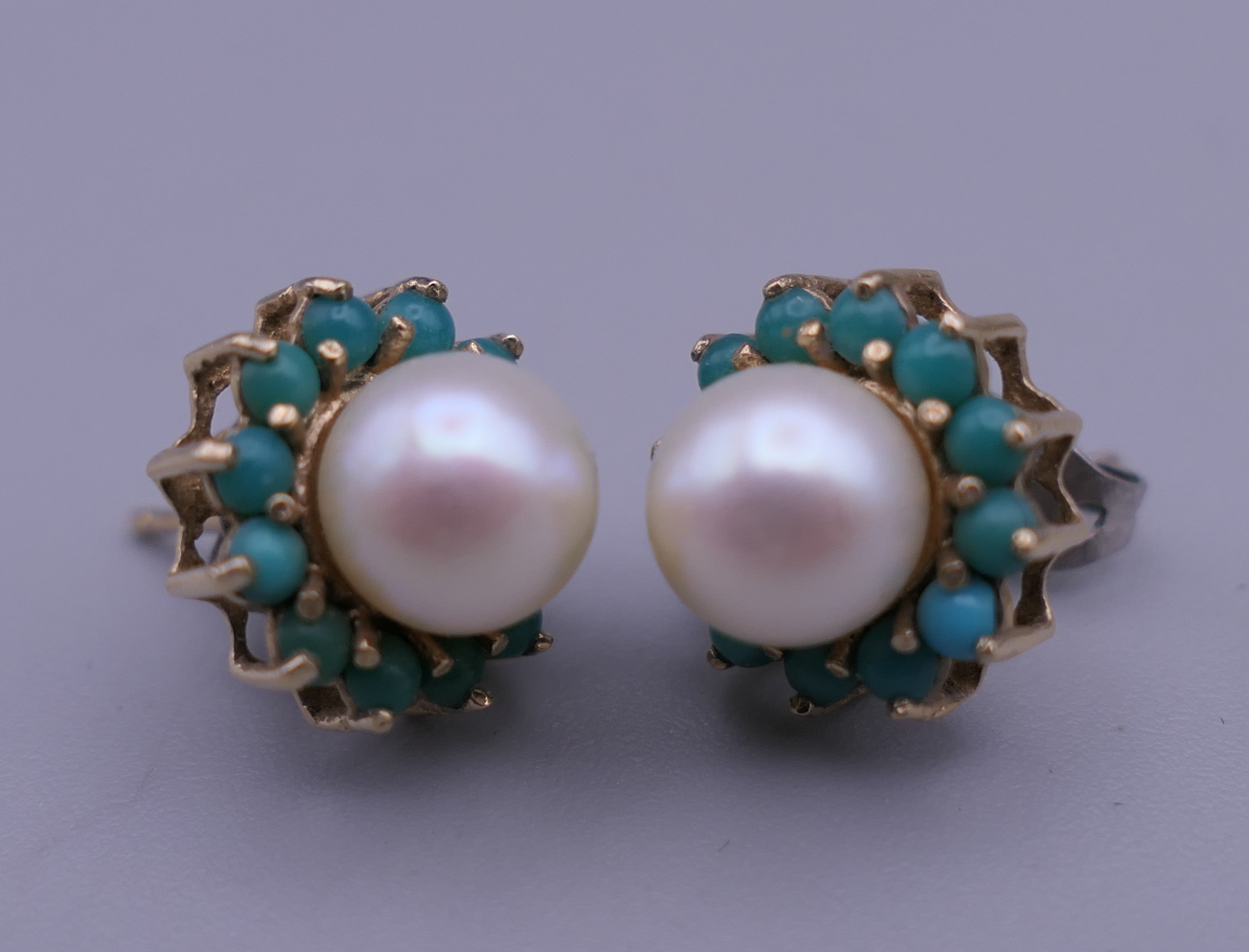 A pair of 9 ct gold turquoise and pearl earrings, each with replaced silver backs. 1 cm diameter. - Image 6 of 6