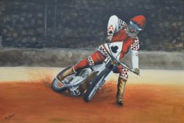 Speedway Rider, oil on board, indistinctly signed, framed. 74 x 48.5 cm.