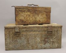 A WWII 1942 metal ammo case and a WWII German MG42 metal ammo case.