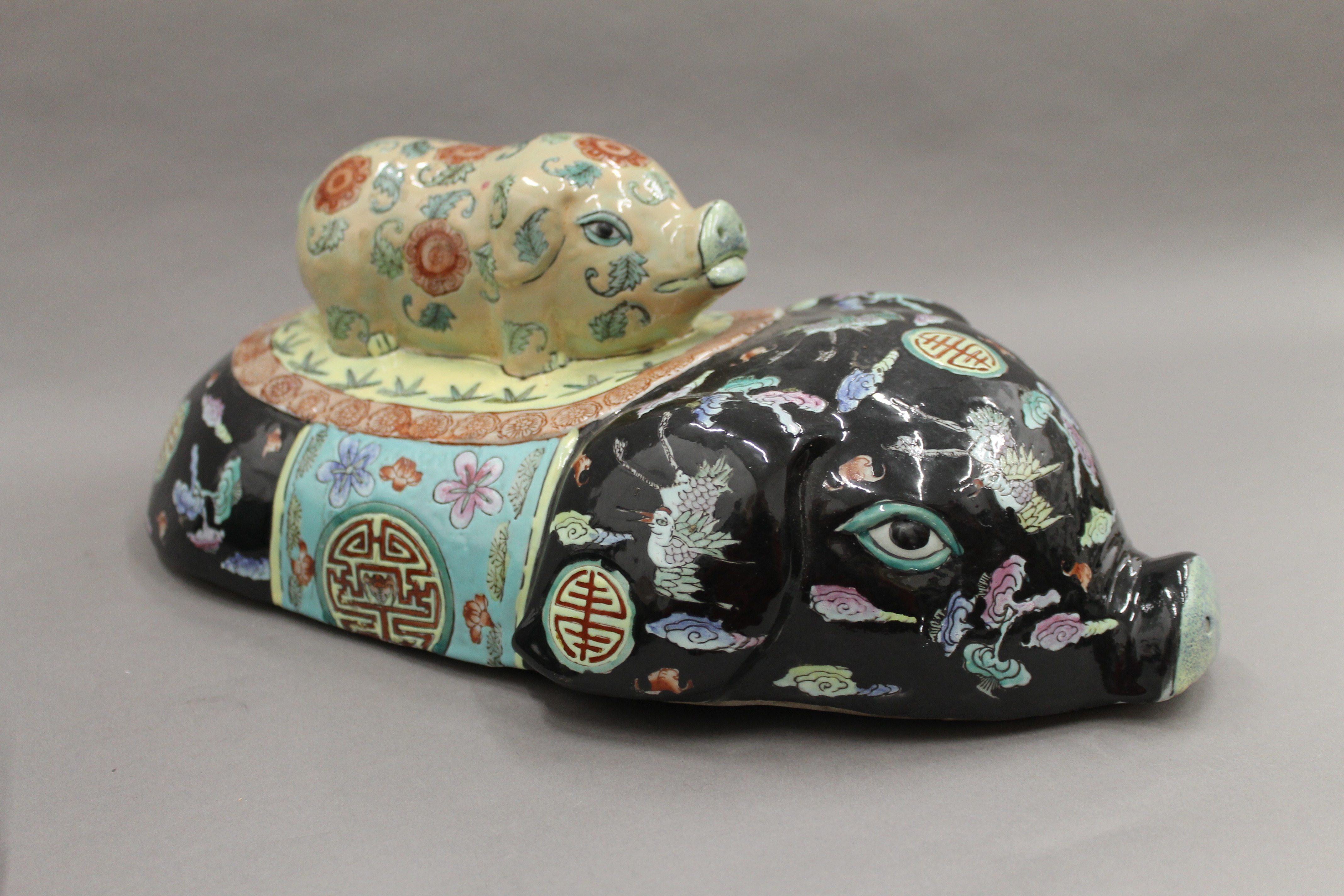 A Chinese famille noir porcelain lidded box formed as a pig. 37 cm long. - Image 2 of 4