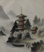 A Chinese silk picture of a pagoda, framed and glazed. 34 x 40 cm.