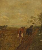 NAIVE SCHOOL (19th century), Ploughing the Field with Ships Beyond, oil on board, framed. 28 x 33.