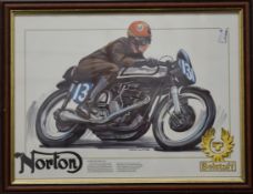 A large Norton Manx advertisement, framed, together with two framed advertisements,