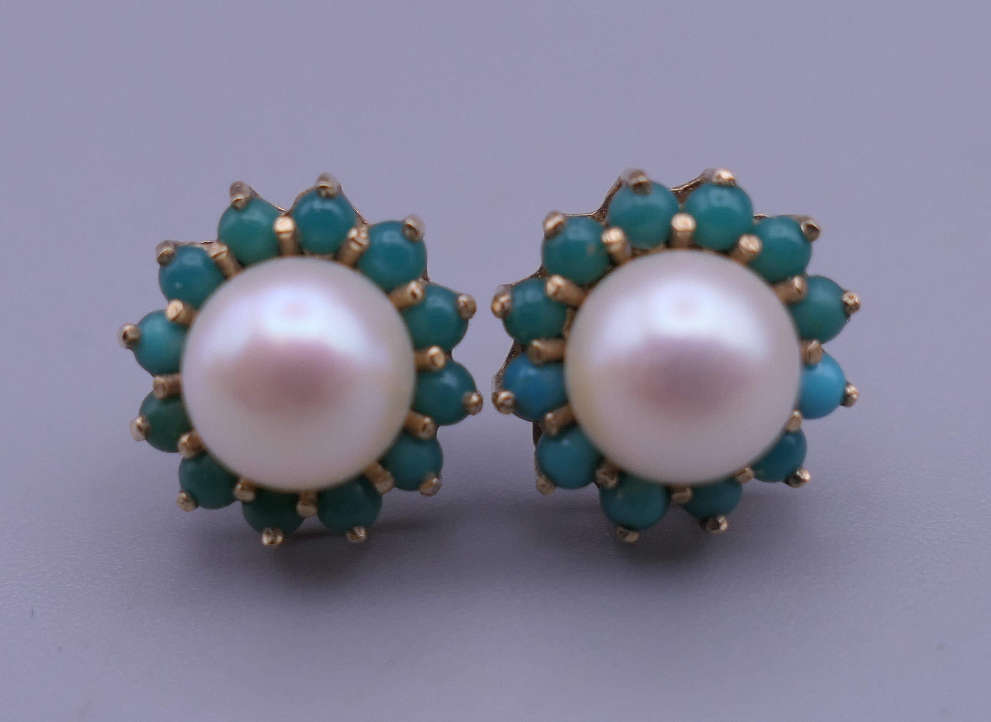 A pair of 9 ct gold turquoise and pearl earrings, each with replaced silver backs. 1 cm diameter. - Image 5 of 6