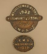 An LNER and an LMS cast iron railway plates. The former 21.5 cm wide.