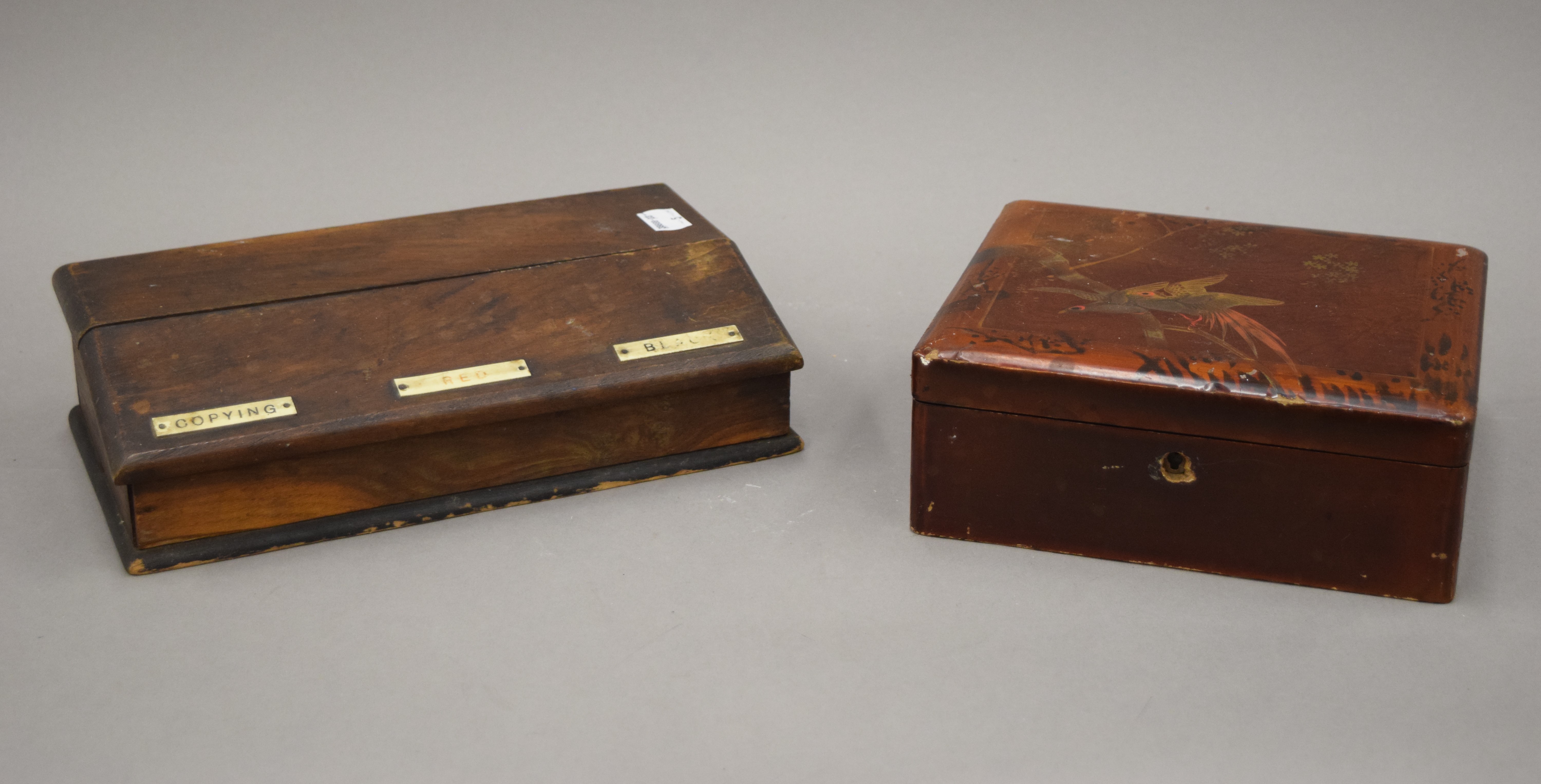 A vintage oak clerk's box with sloping lid and three labels together with an antique Oriental