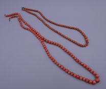 Two coral bead necklaces. The largest 60 cm long.