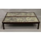 A pair of Chinese mother-of-pearl inlaid mirrored top hardwood coffee tables. 145 cm long.